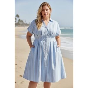 New Ava & Viv Women's Short Sleeve Pleated Midi Shirtdress Blue Pin Plus Size 3X